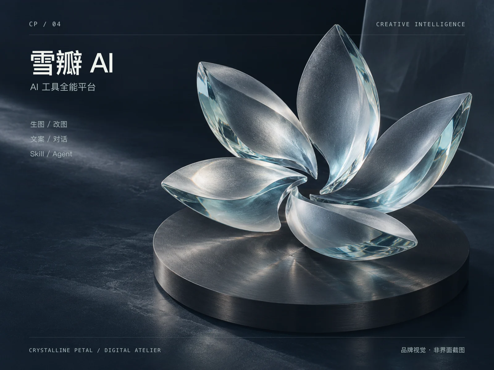 雪瓣 AI 品牌视觉，深墨蓝场景中的磨砂晶体花瓣，非产品界面截图