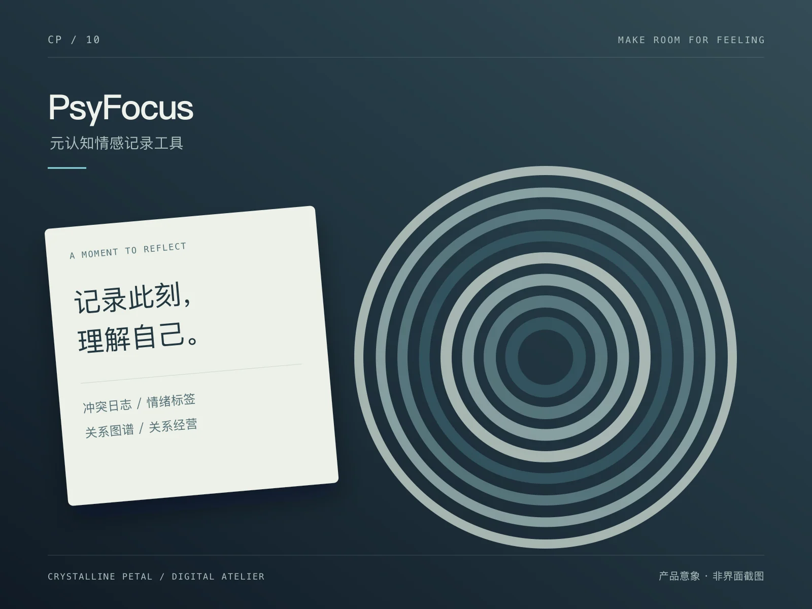 PsyFocus 品牌意象,以层叠情绪圆环和记录卡表达情感记录与关系梳理,非界面截图